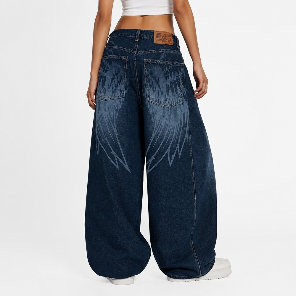 Lewkin Womens Barrel Jeans Sz L Angel Wings Baggy Wide Leg Korean Y2K Streetwear